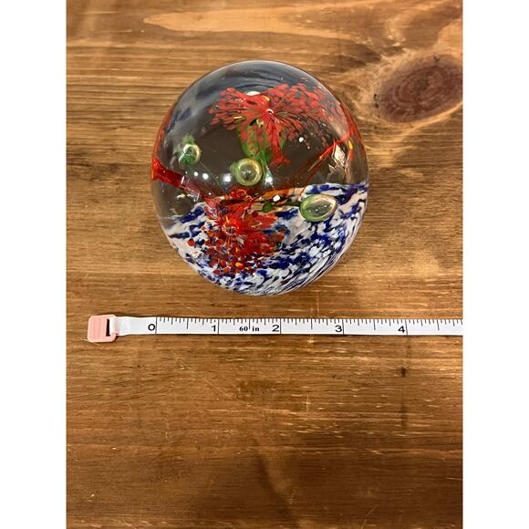 Hand Blown Art Glass Paperweight Red Flower Burst Swirl 2 lb Controlled Bubble - Picture 5 of 8